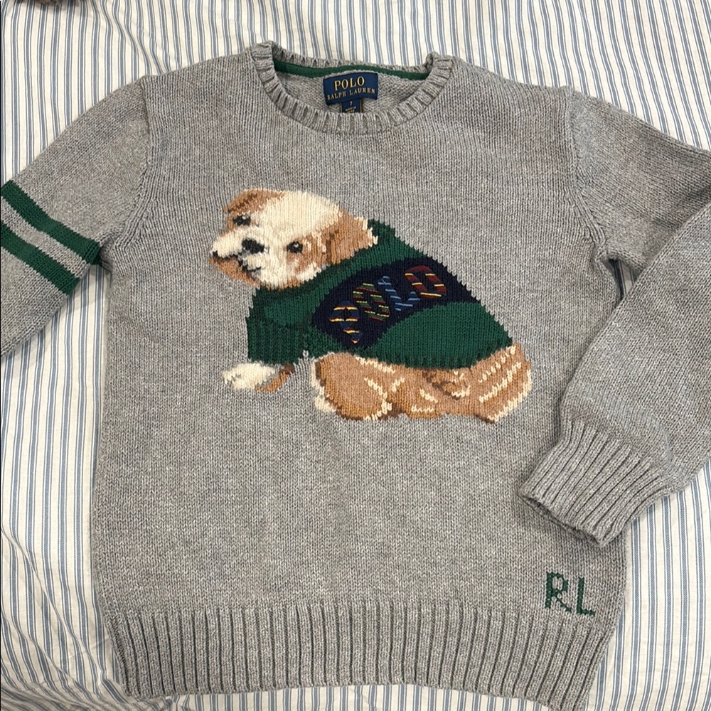 Polo by Ralph Lauren Gray and Green Sweater with Dog Graphic